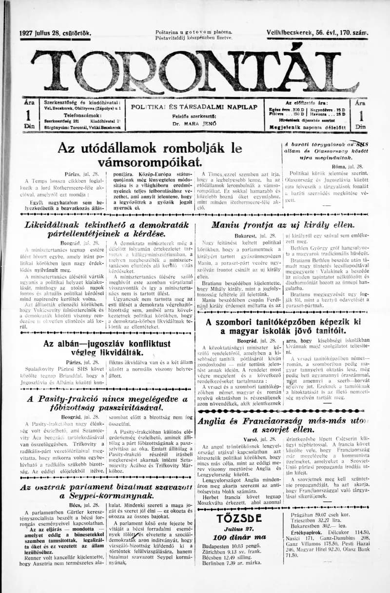 Torontál, 56. évf. 1927. július 28. 170. sz.