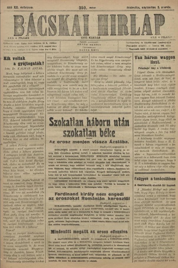 Bácskai Hirlap, 20. évf. 1916. augusztus 2. 350. sz.
