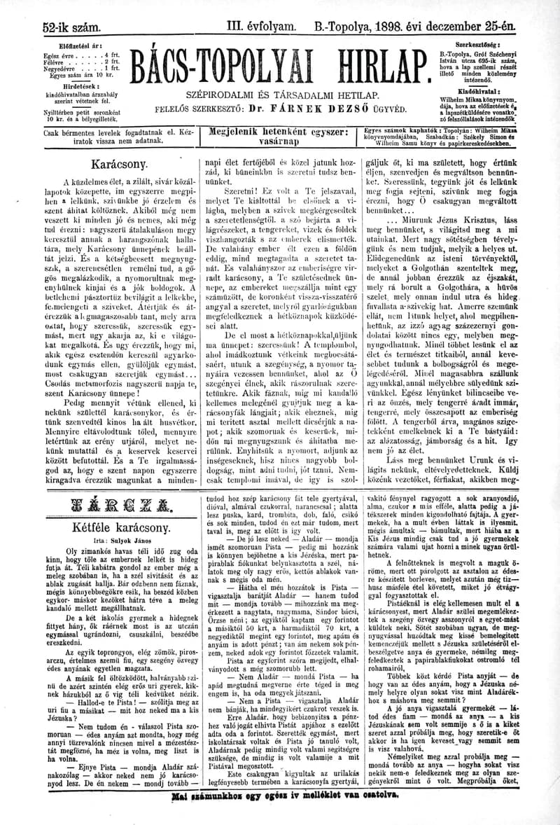 Bács-Topolyai Hirlap, 3. évf. 1898. december 25. 52. sz.