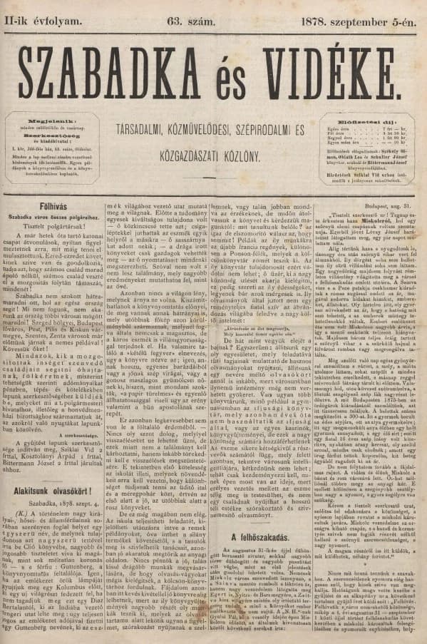 Szabadka és vidéke, 2. évf. 1878. szeptember 5. 63. sz.