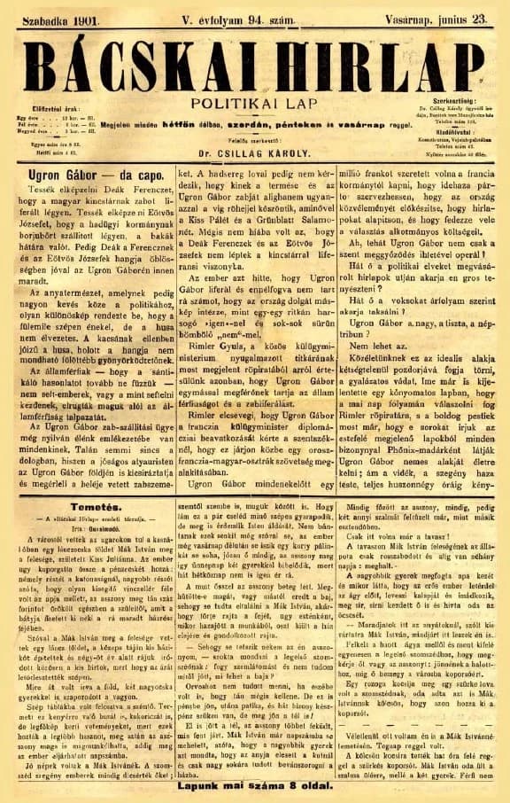 Bácskai Hirlap, 5. évf. 1901. június 23. 94. sz.