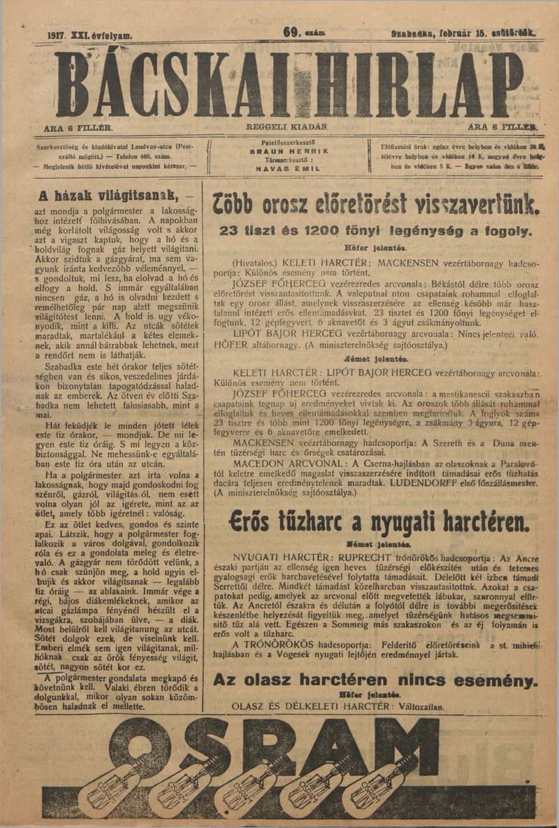Bácskai Hirlap, 21. évf. 1917. február 15. 69. sz.