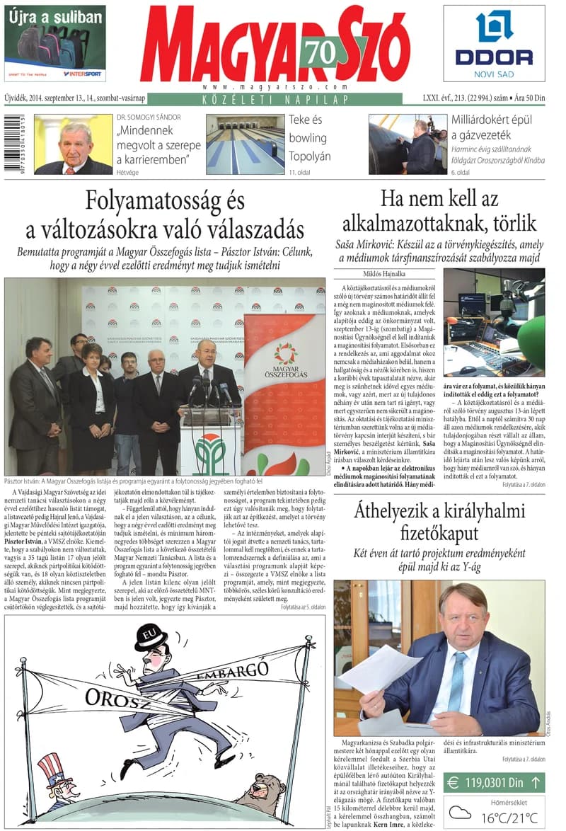 Magyar Szó, 71. évf. 2014. szeptember 13. – 14. 213. sz. 1–32. oldal