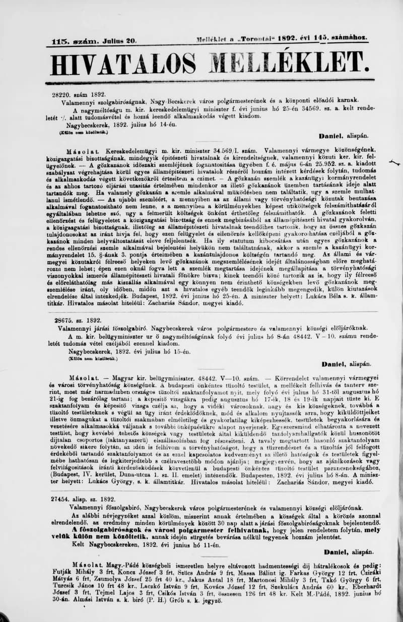 A Totontál  hivatalos melléklete, 5. évf. 1892. július 20. 115. sz.