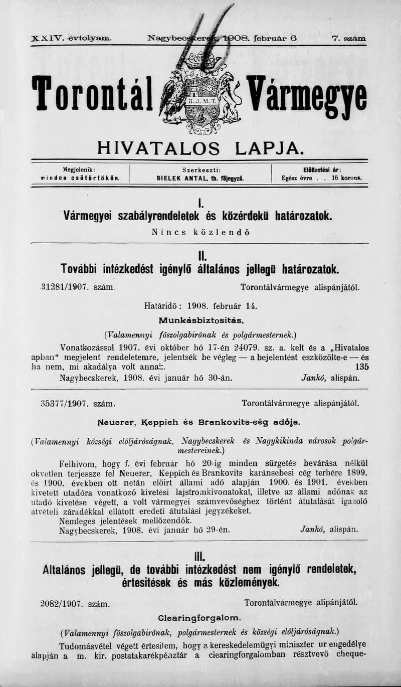 Torontál Vármegye Hivatalos Lapja, 24. évf. 1908. február 6. 7. sz.