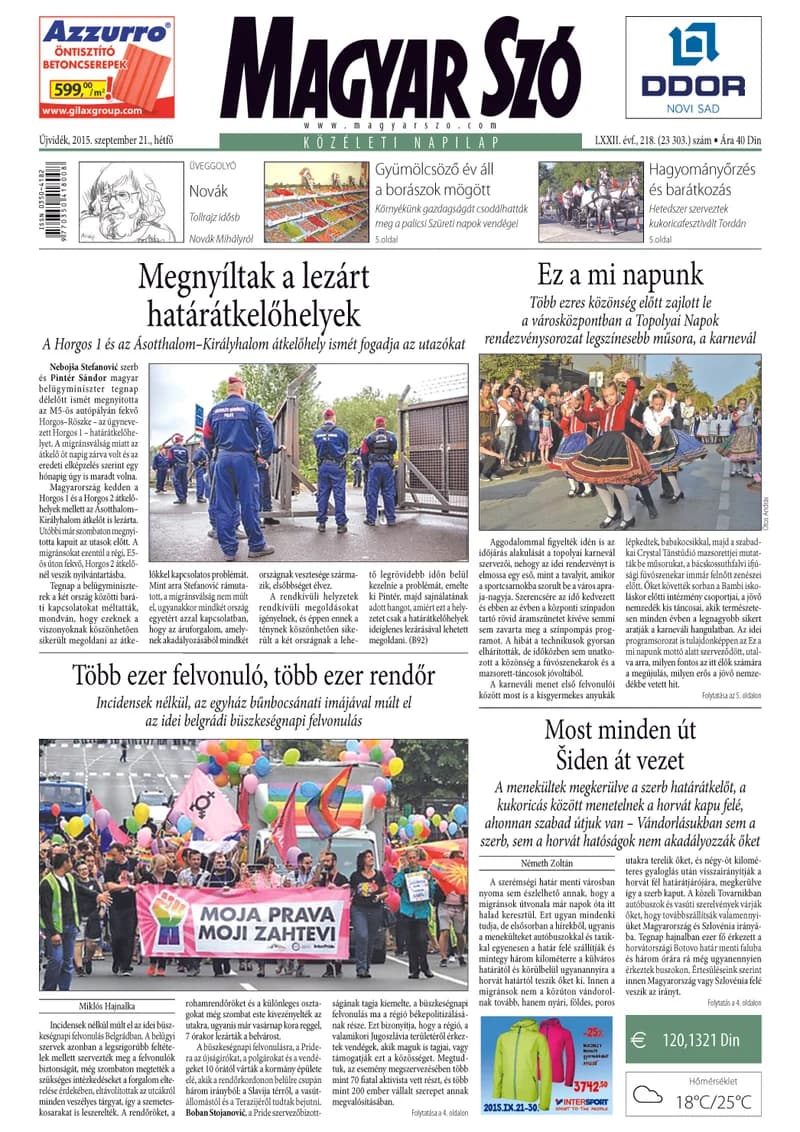 Magyar Szó, 72. évf. 2015. szeptember 21. 218. sz. 1–20. oldal