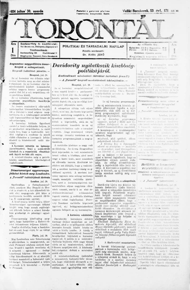 Torontál, 53. évf. 1924. július 30. 171. sz.