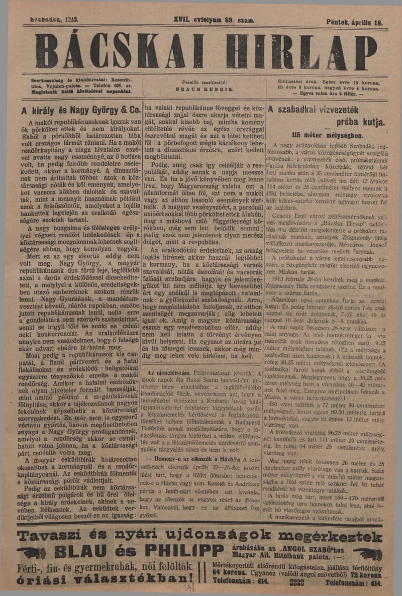 Bácskai Hirlap, 17. évf. 1913. április 18. 89. sz.