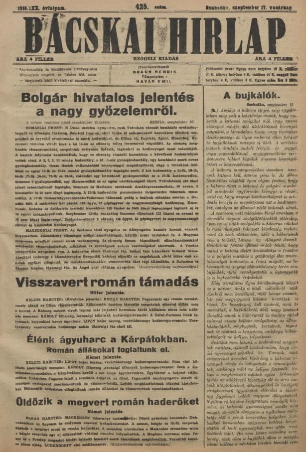 Bácskai Hirlap, 20. évf. 1916. szeptember 17. 425. sz.