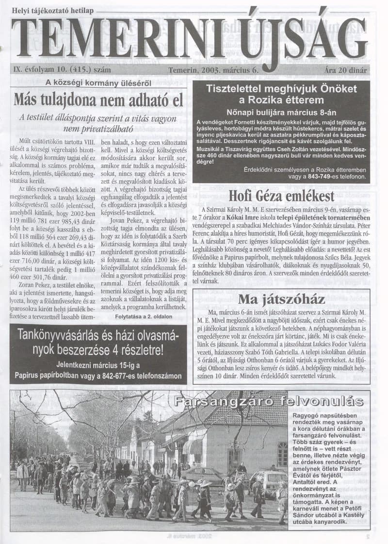 Temerini Újság, 9. évf. 2003. március 6. 10. sz.