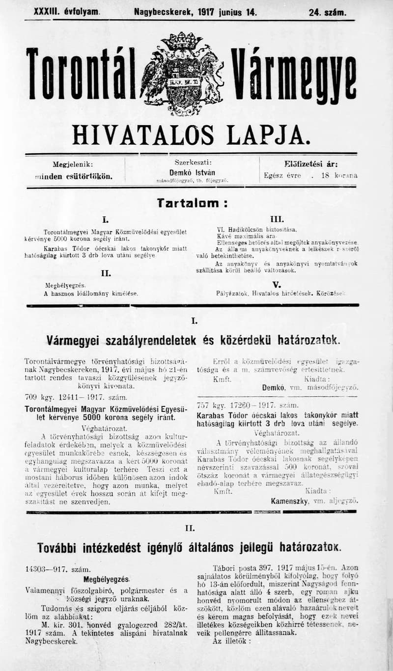 Torontál Vármegye Hivatalos Lapja, 33. évf. 1917. június 14. 24. sz.
