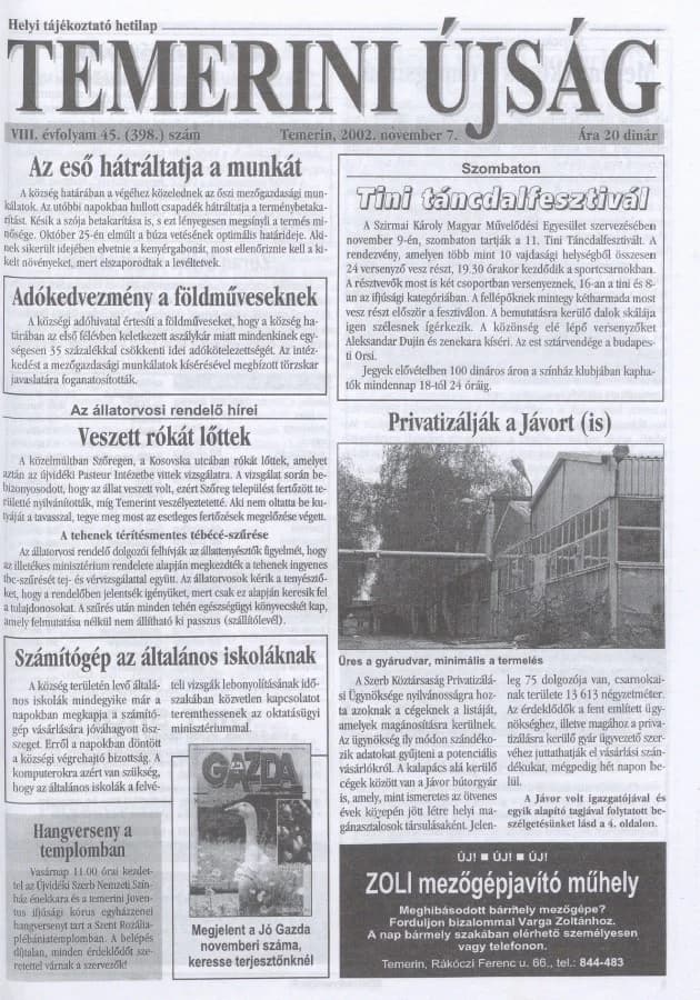 Temerini Újság, 8. évf. 2002. november 7. 45. sz.