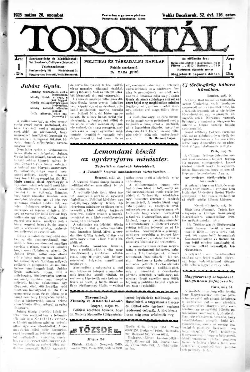Torontál, 52. évf. 1923. május 26. 116. sz.