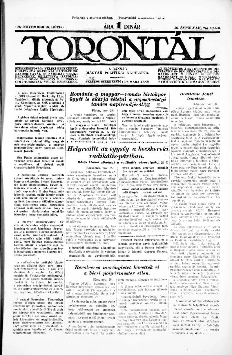 Torontál, 56. évf. 1927. november 28. 274. sz.