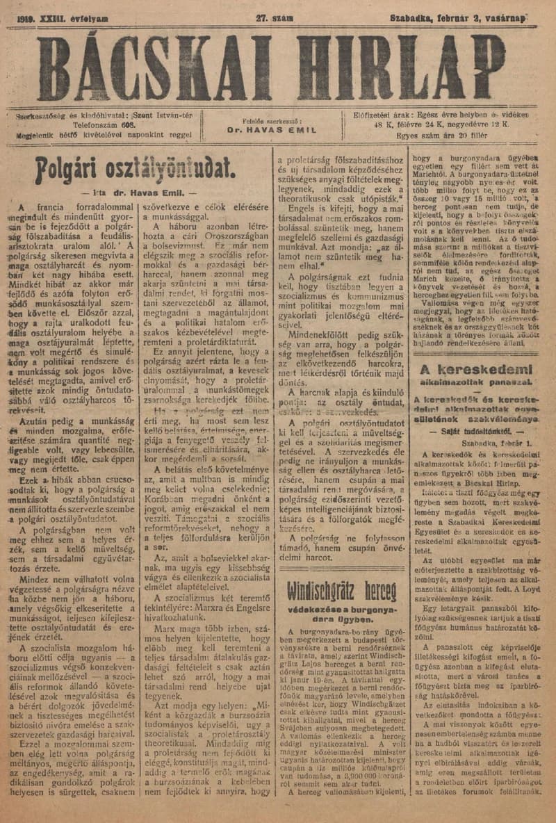 Bácskai Hirlap, 23. évf. 1919. február 2. 27. sz.