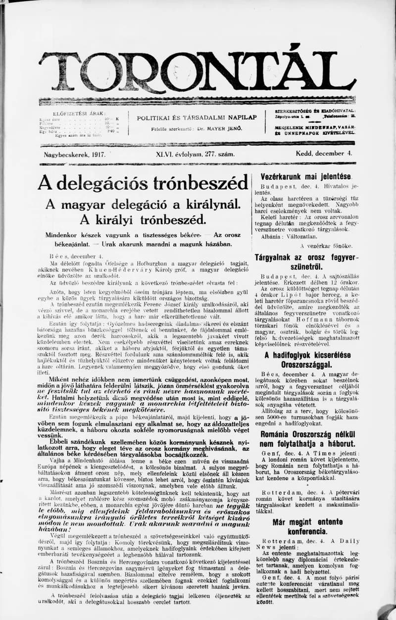 Torontál, 46. évf. 1917. december 4. 277. sz.