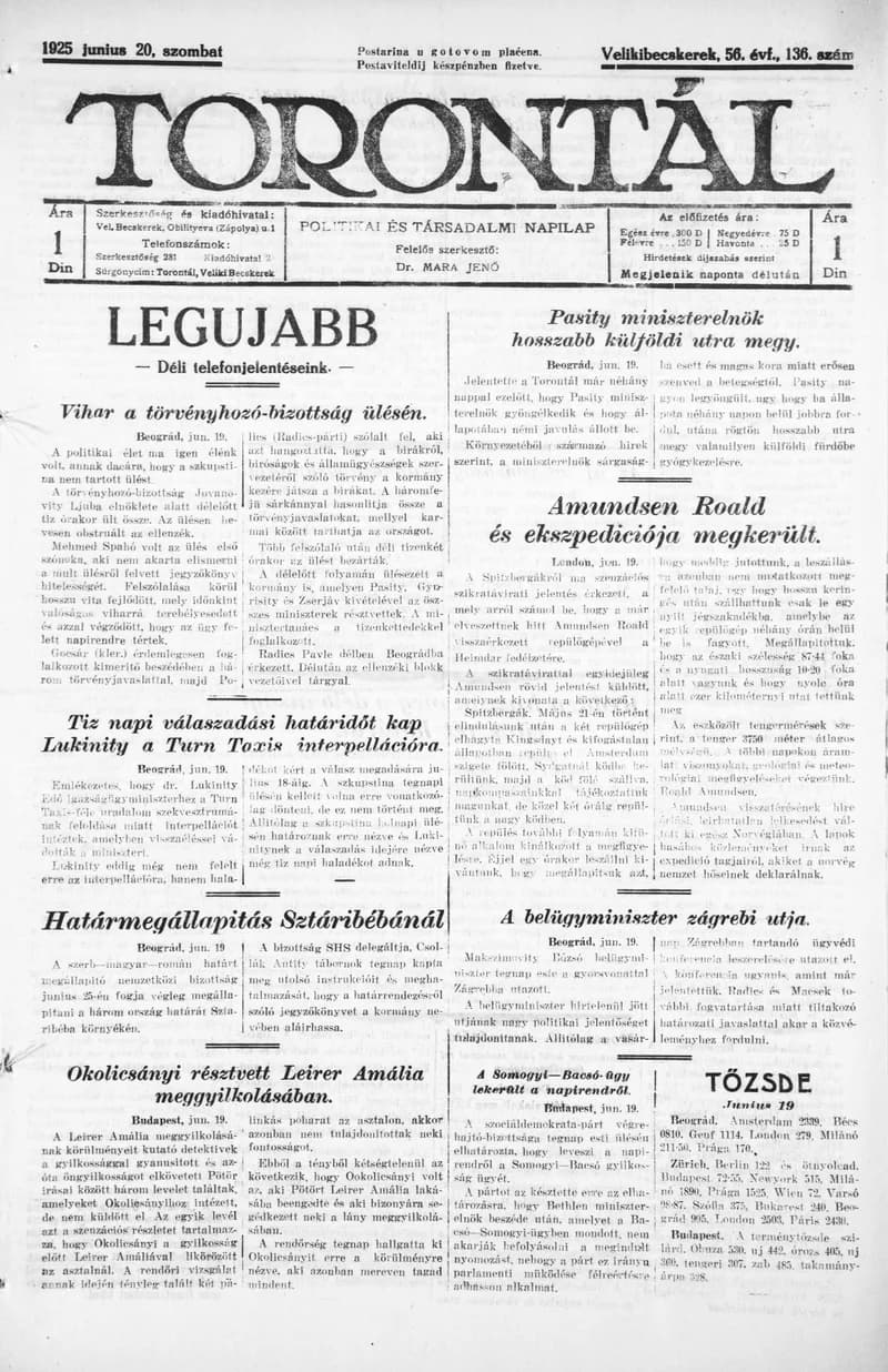 Torontál, 54. évf. 1925. június 20. 136. sz.