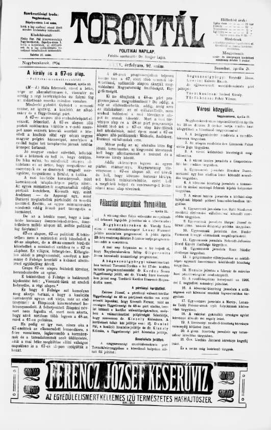 Torontál, 35. évf. 1906. április 21. 92. sz.