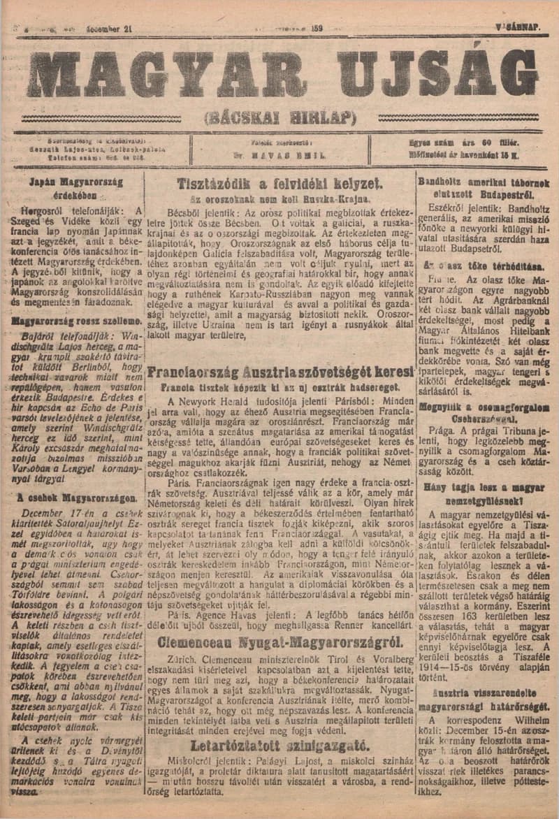 Bácskai Hirlap, 23. évf. 1919. december 21. 159. sz.
