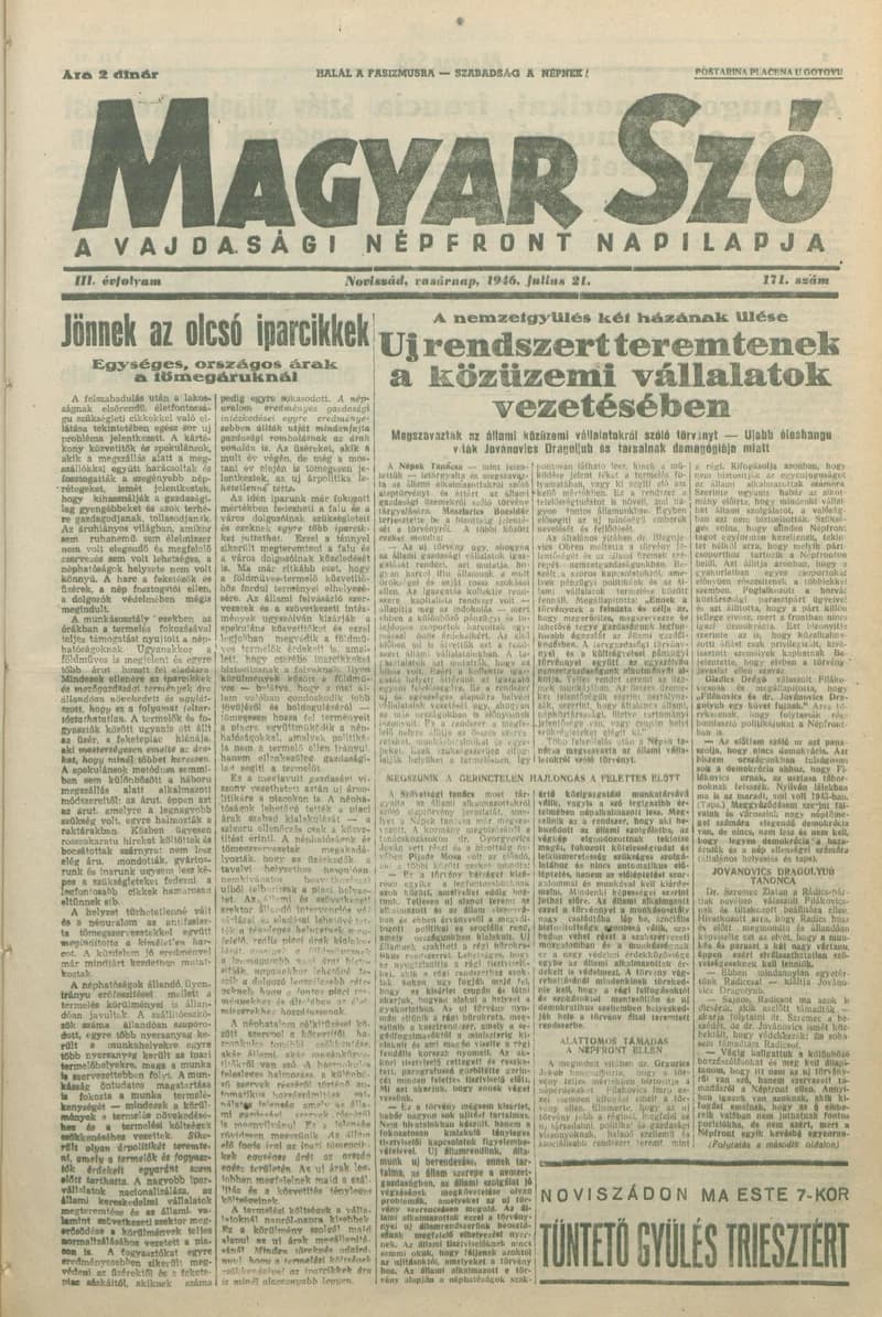 Magyar Szó, 3. évf. 1946. július 21. 171. sz. 1–8. oldal