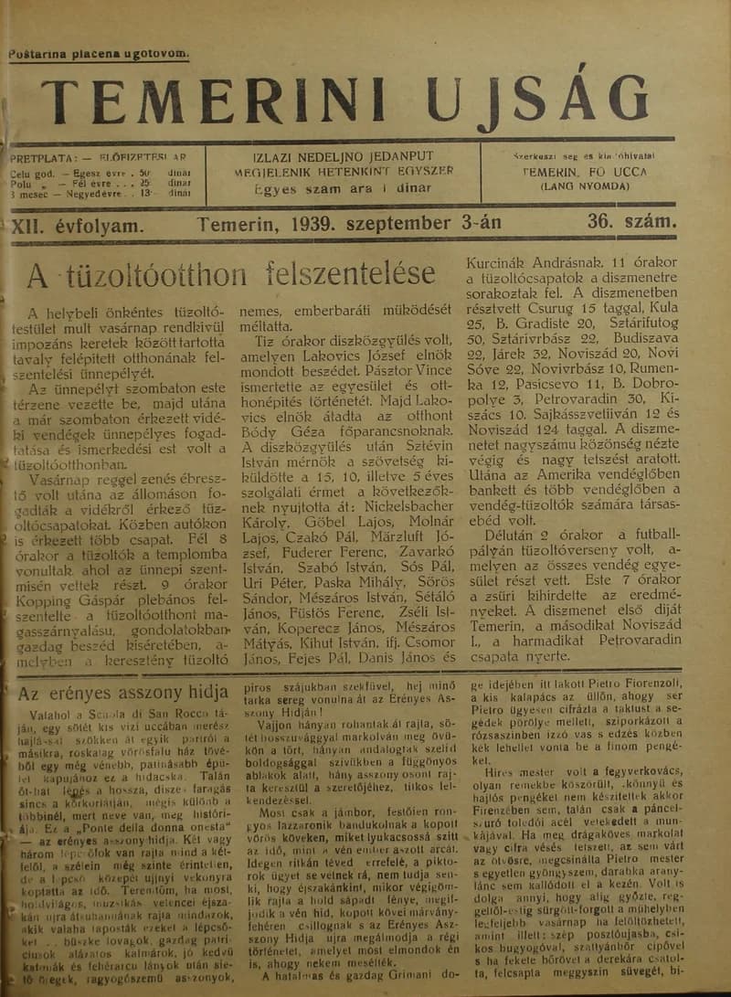 Temerini Újság 1928-1944, 12. évf. 1939. szeptember 3. 36. sz.