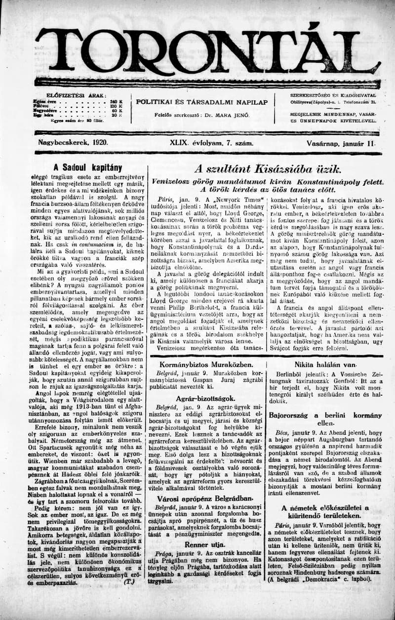 Torontál, 49. évf. 1920. január 11. 7. sz.