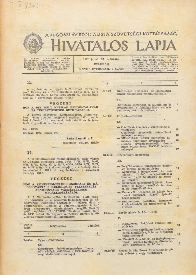 A Jugoszláv Szocialista Szövetségi Köztársaság Hivatalos Lapja, 28. évf. 1972. január 27. 4. sz. 53–64. oldal