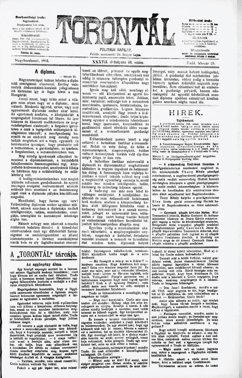 Torontál, 37. évf. 1908. február 25. 46. sz.
