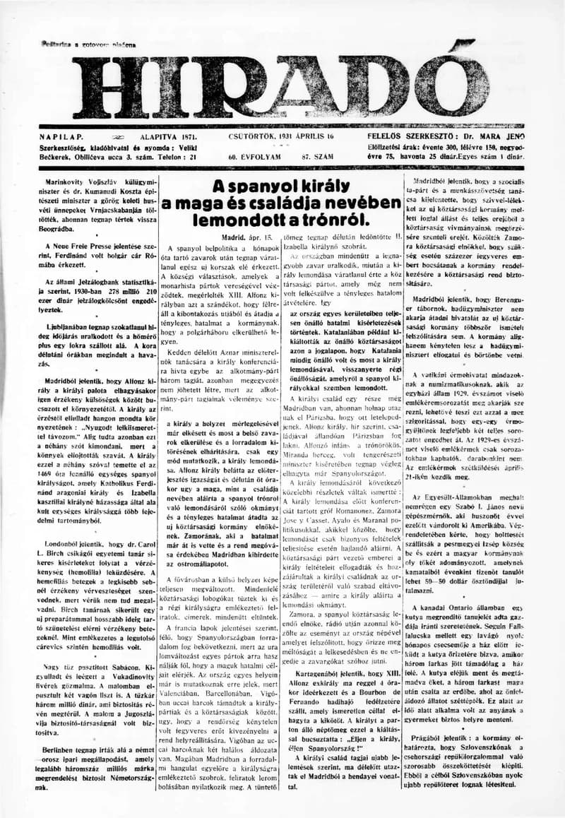 Híradó, 60. évf. 1931. április 16. 87. sz.