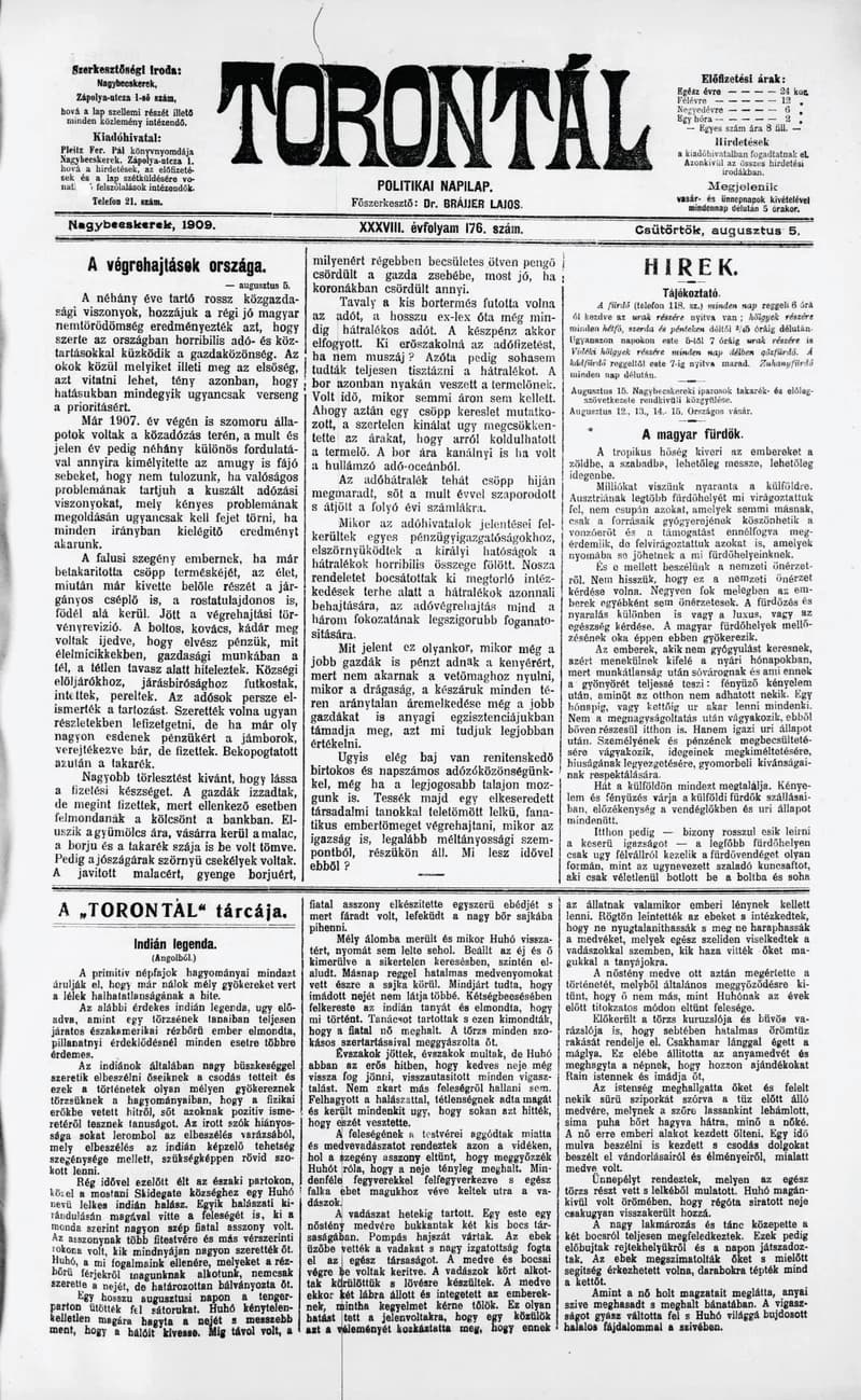 Torontál, 38. évf. 1909. augusztus 5. 176. sz.