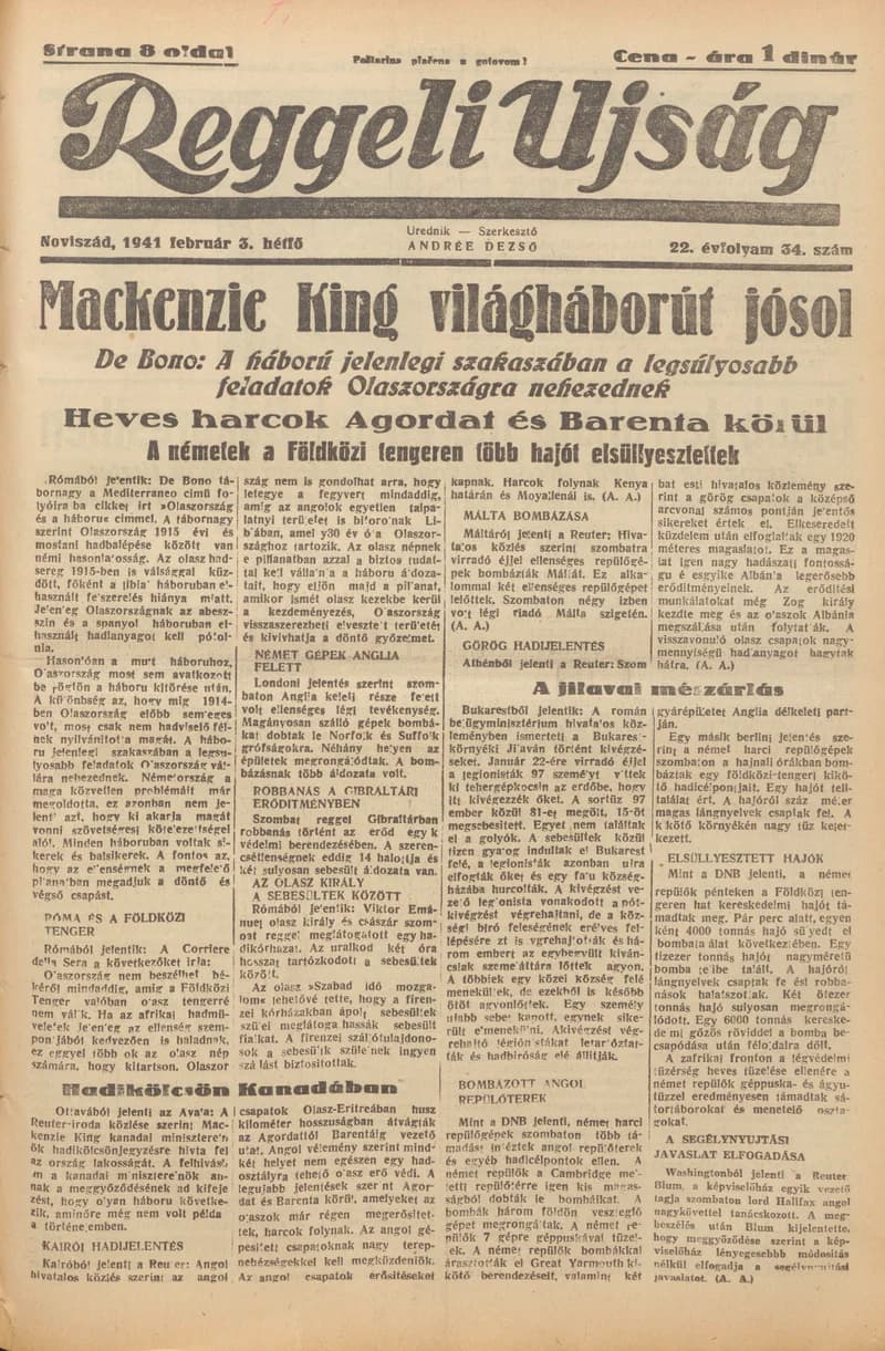 Reggeli Újság, 22. évf. 1941. február 3. 34. sz.