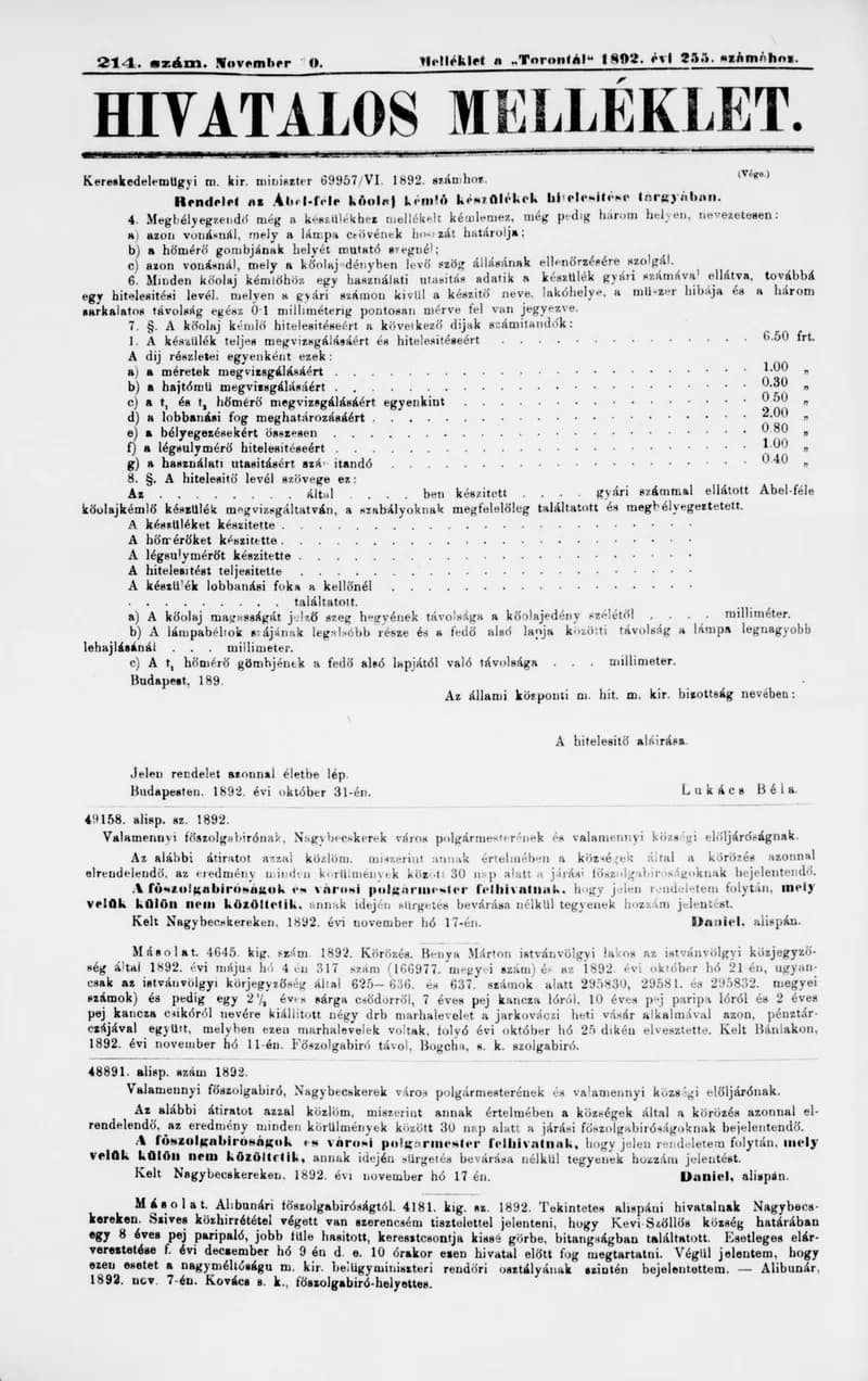 A Totontál  hivatalos melléklete, 5. évf. 1892. november 30. 214. sz.