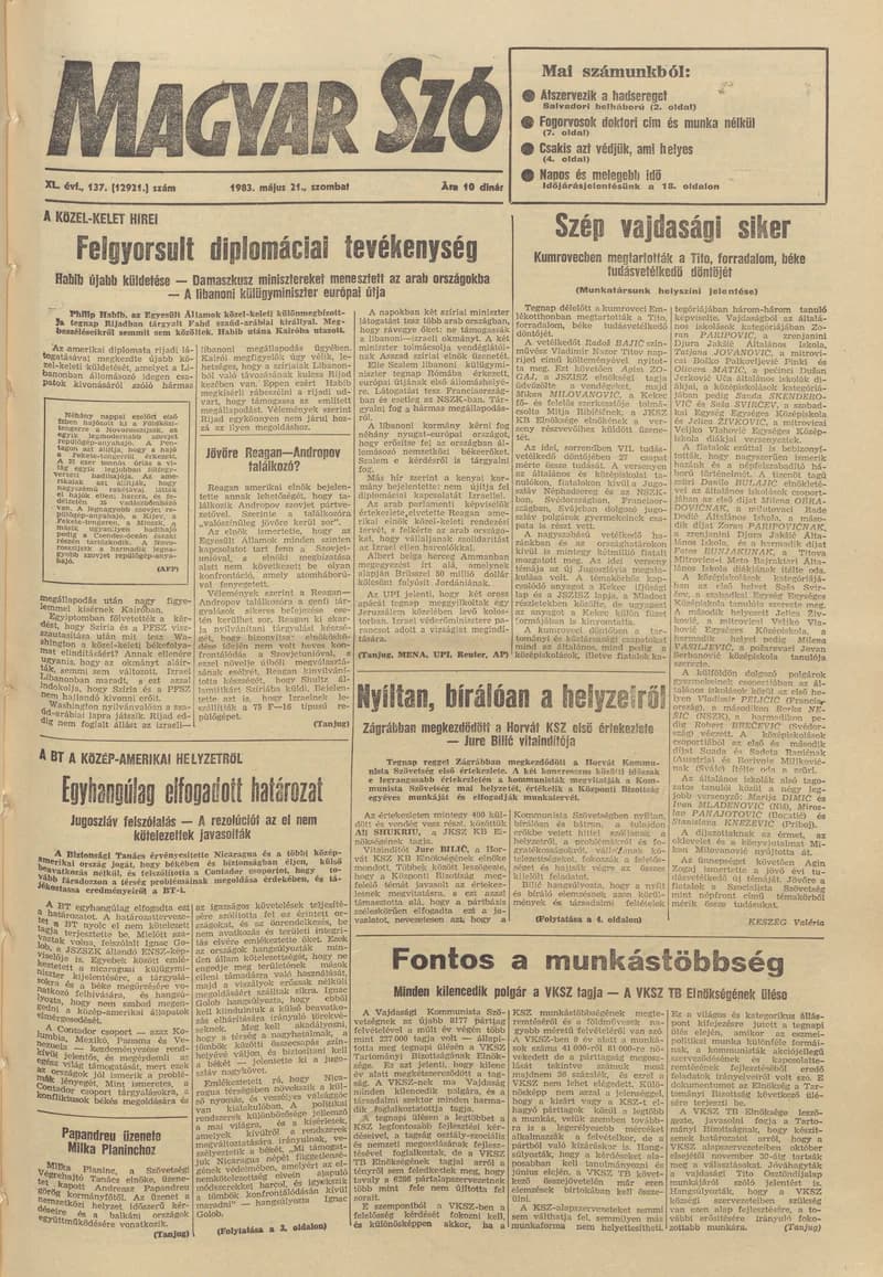 Magyar Szó, 40. évf. 1983. május 21. 137. sz. 1–36. oldal