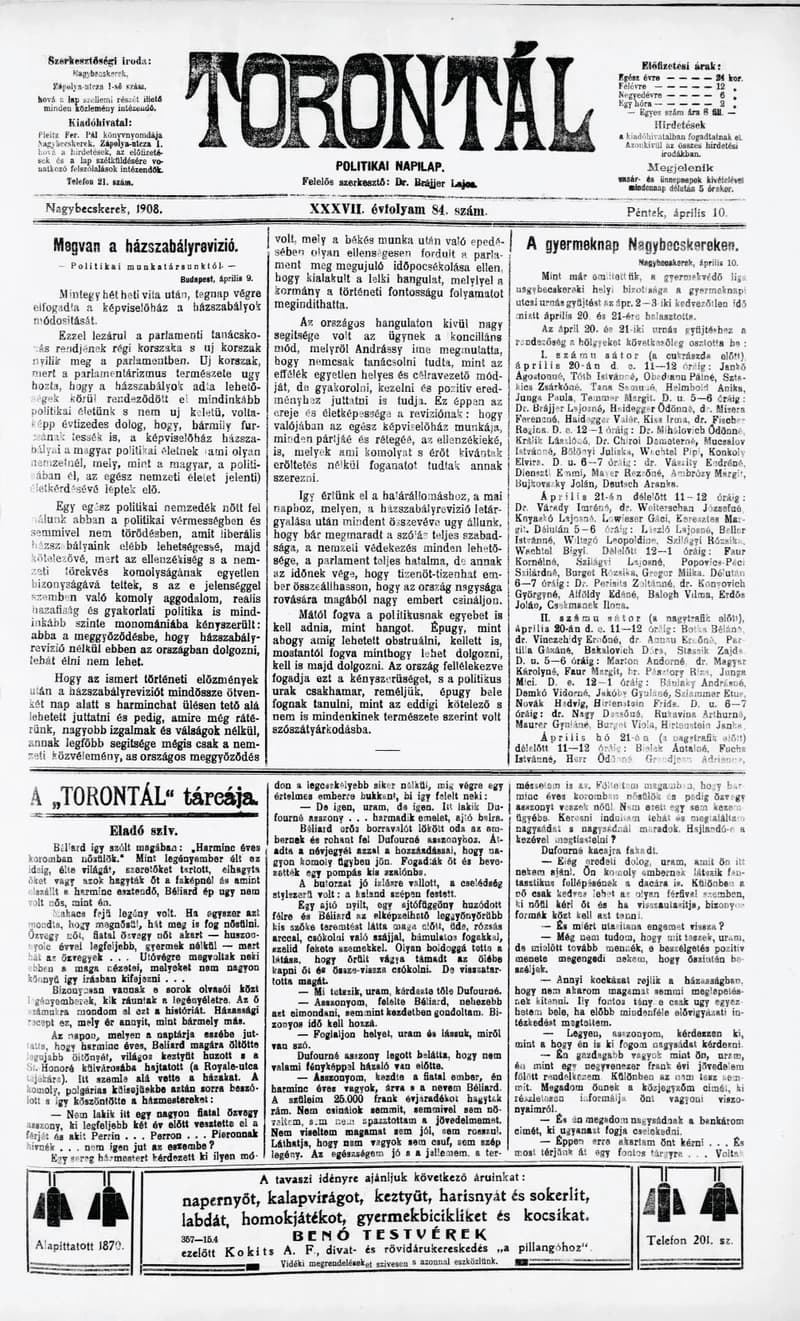 Torontál, 37. évf. 1908. április 10. 84. sz.