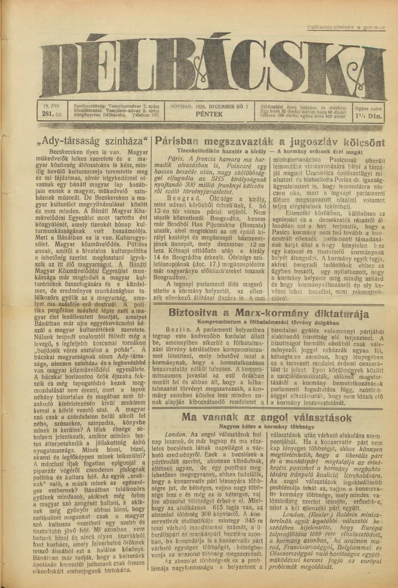 Délbácska, 4. évf. 1923. december 7. 281. sz.