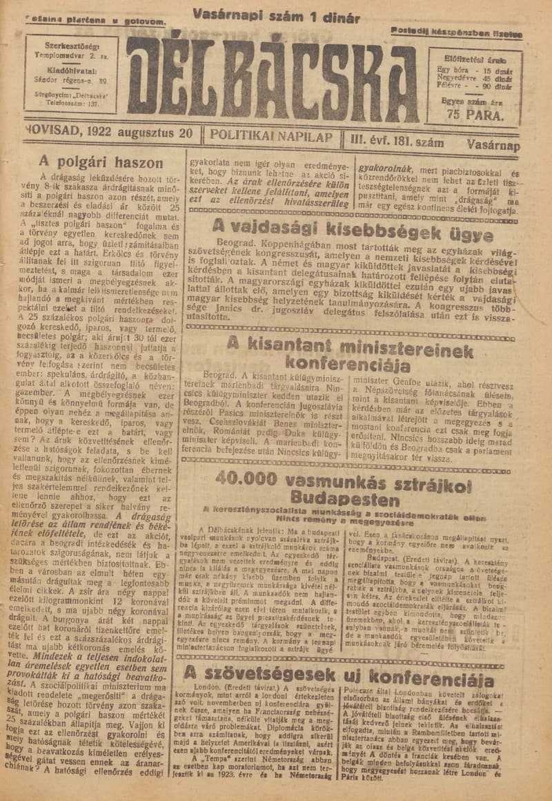 Délbácska, 3. évf. 1922. augusztus 20. 181. sz.