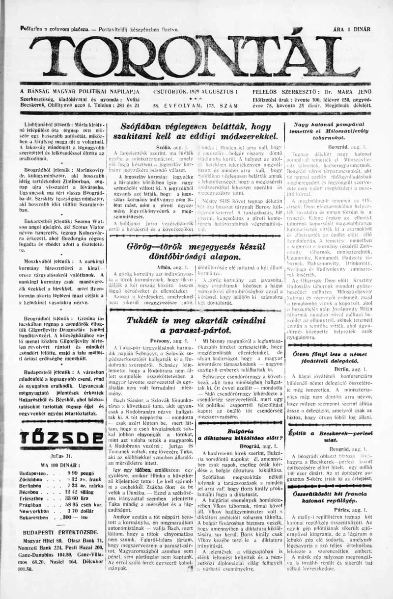 Torontál, 58. évf. 1929. augusztus 1. 175. sz.