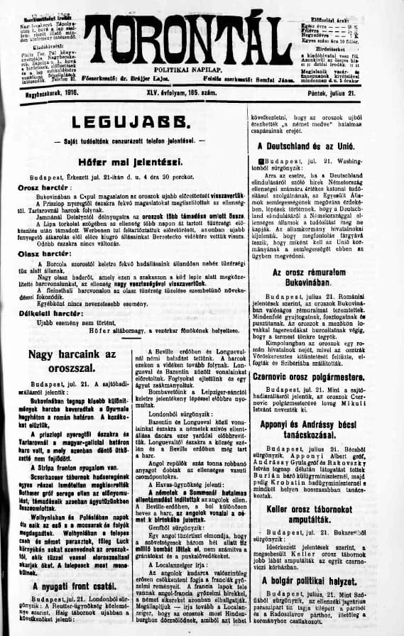Torontál, 45. évf. 1916. július 21. 165. sz.