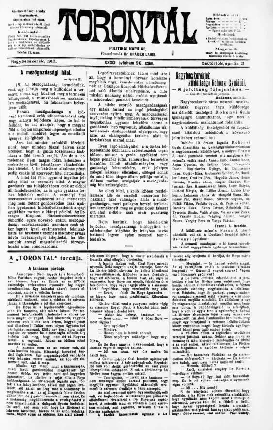 Torontál, 39. évf. 1910. április 21. 90. sz.