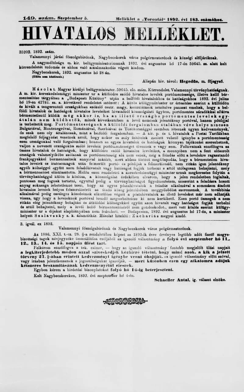 A Totontál  hivatalos melléklete, 5. évf. 1892. szeptember 5. 149. sz.