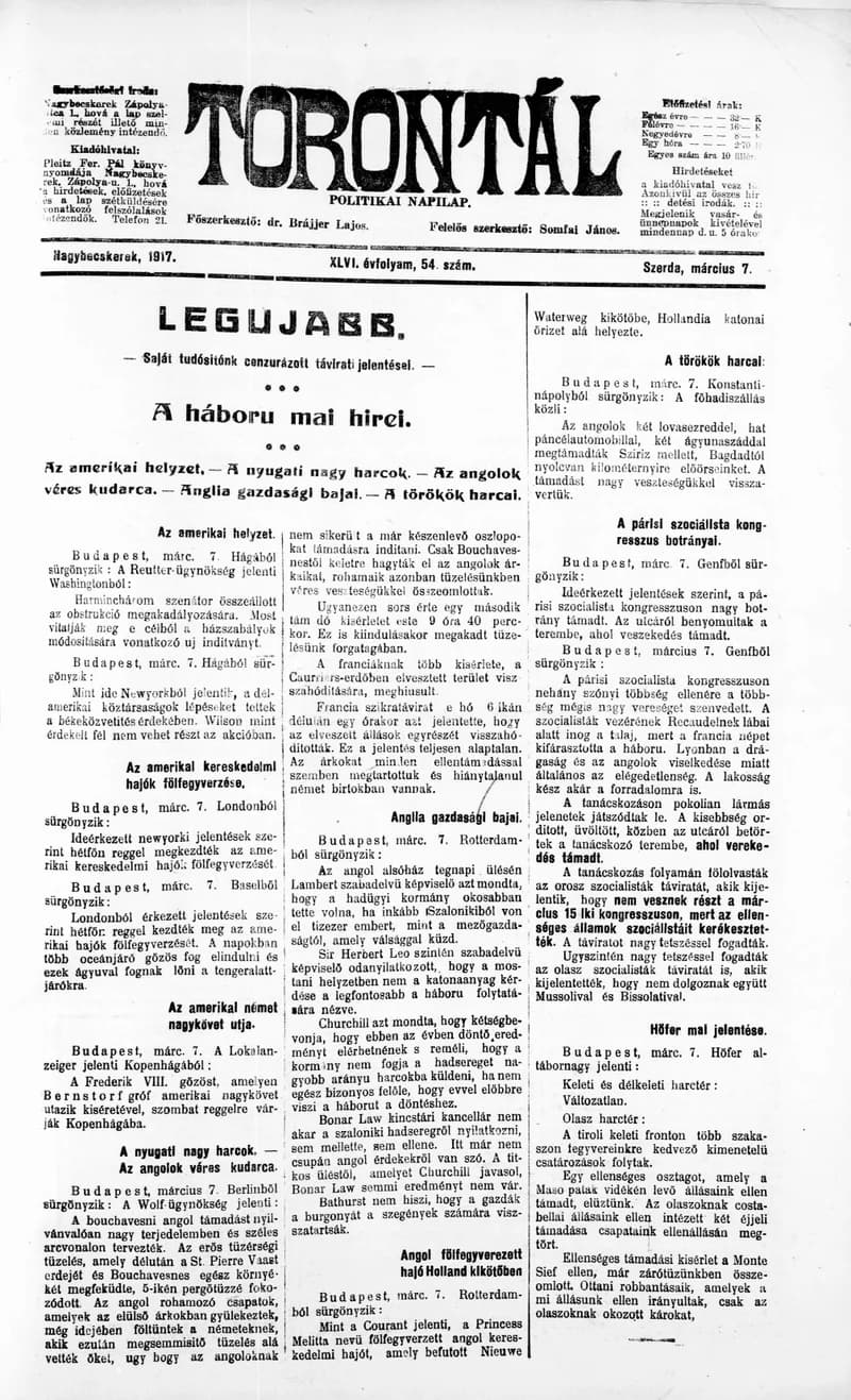Torontál, 46. évf. 1917. március 7. 54. sz.