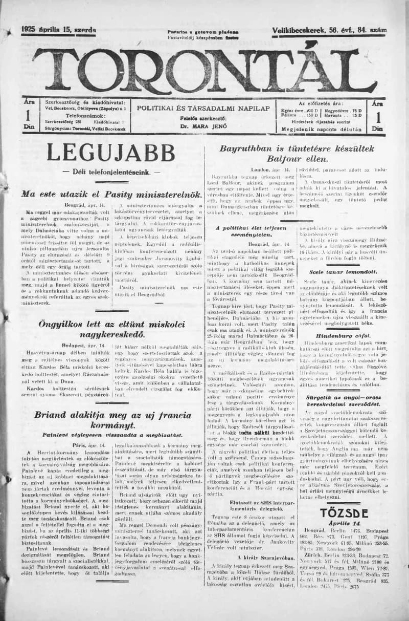 Torontál, 54. évf. 1925. április 15. 84. sz.
