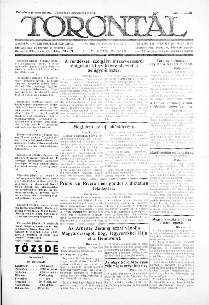 Torontál, 58. évf. 1929. november 7. 256. sz.