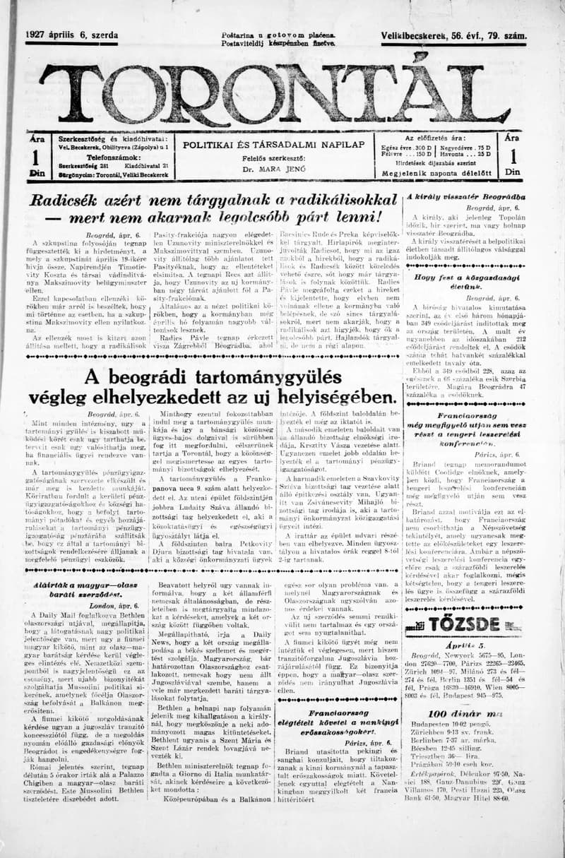 Torontál, 56. évf. 1927. április 6. 79. sz.