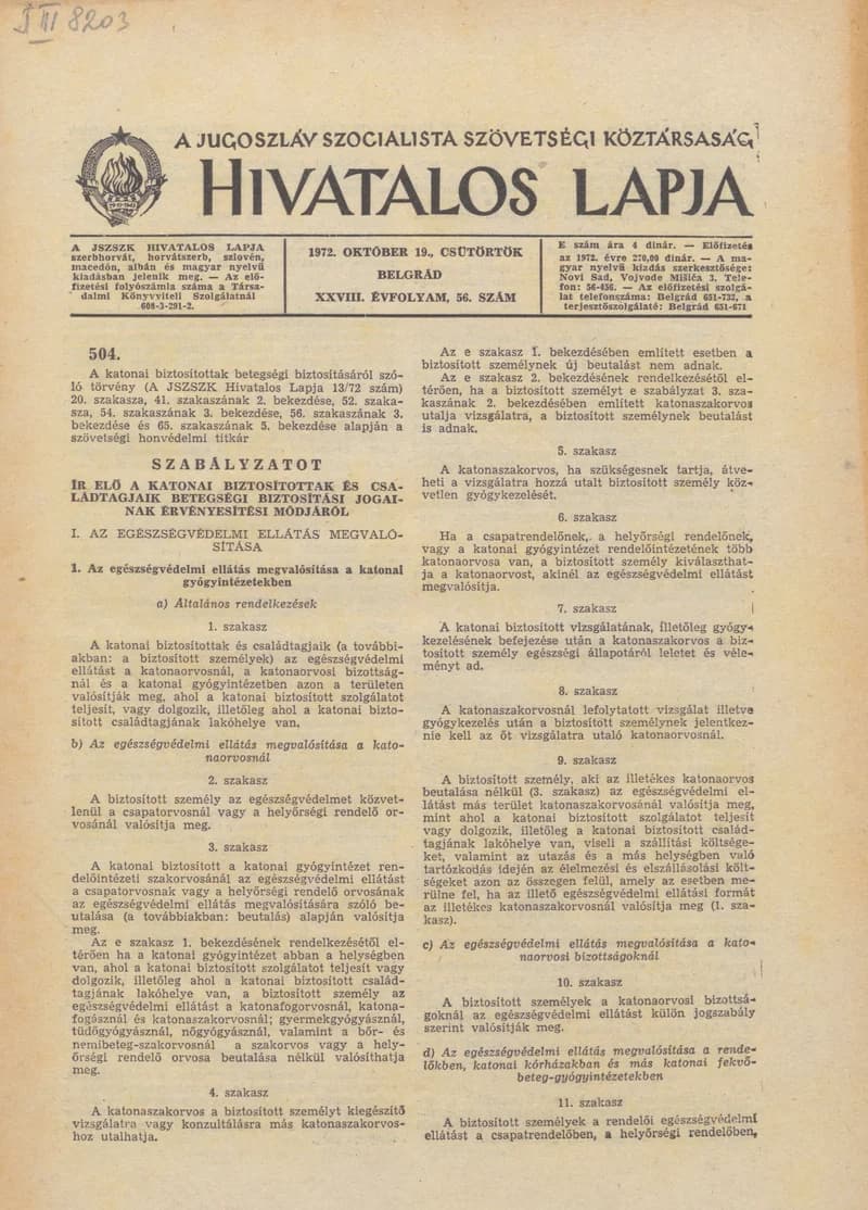 A Jugoszláv Szocialista Szövetségi Köztársaság Hivatalos Lapja, 28. évf. 1972. október 19. 56. sz. 1033–1064. oldal