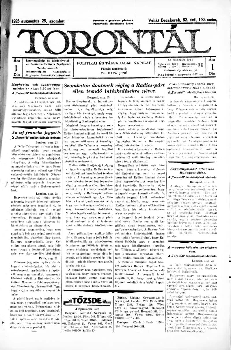Torontál, 52. évf. 1923. augusztus 25. 190. sz.