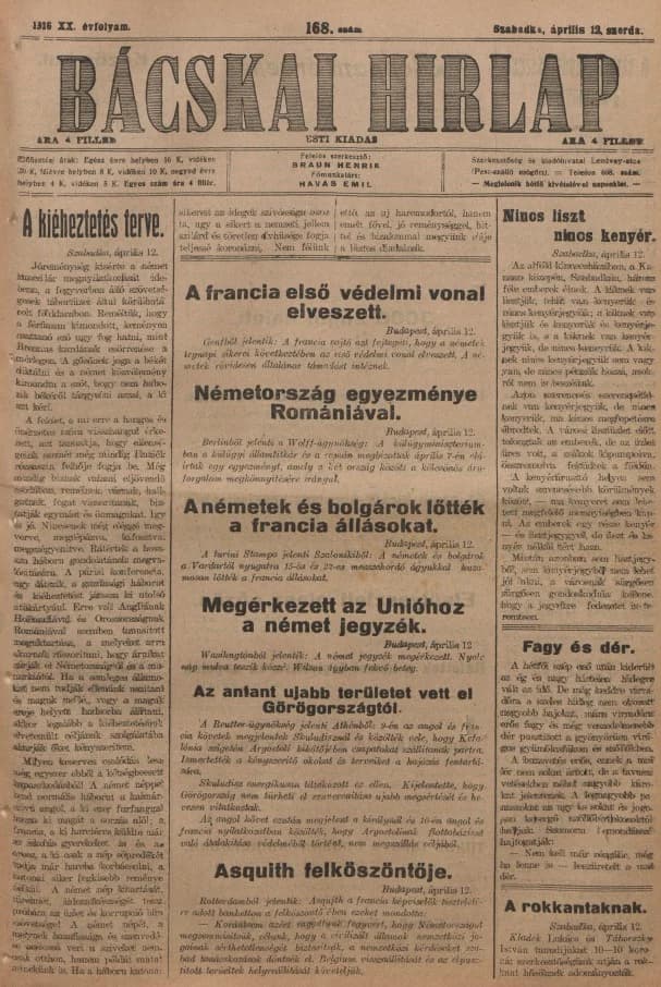 Bácskai Hirlap, 20. évf. 1916. április 12. 168. sz.