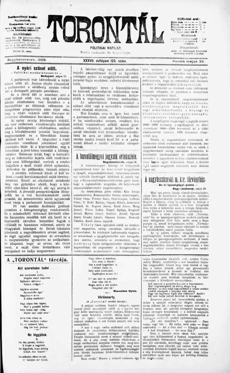 Torontál, 37. évf. 1908. május 29. 123. sz.