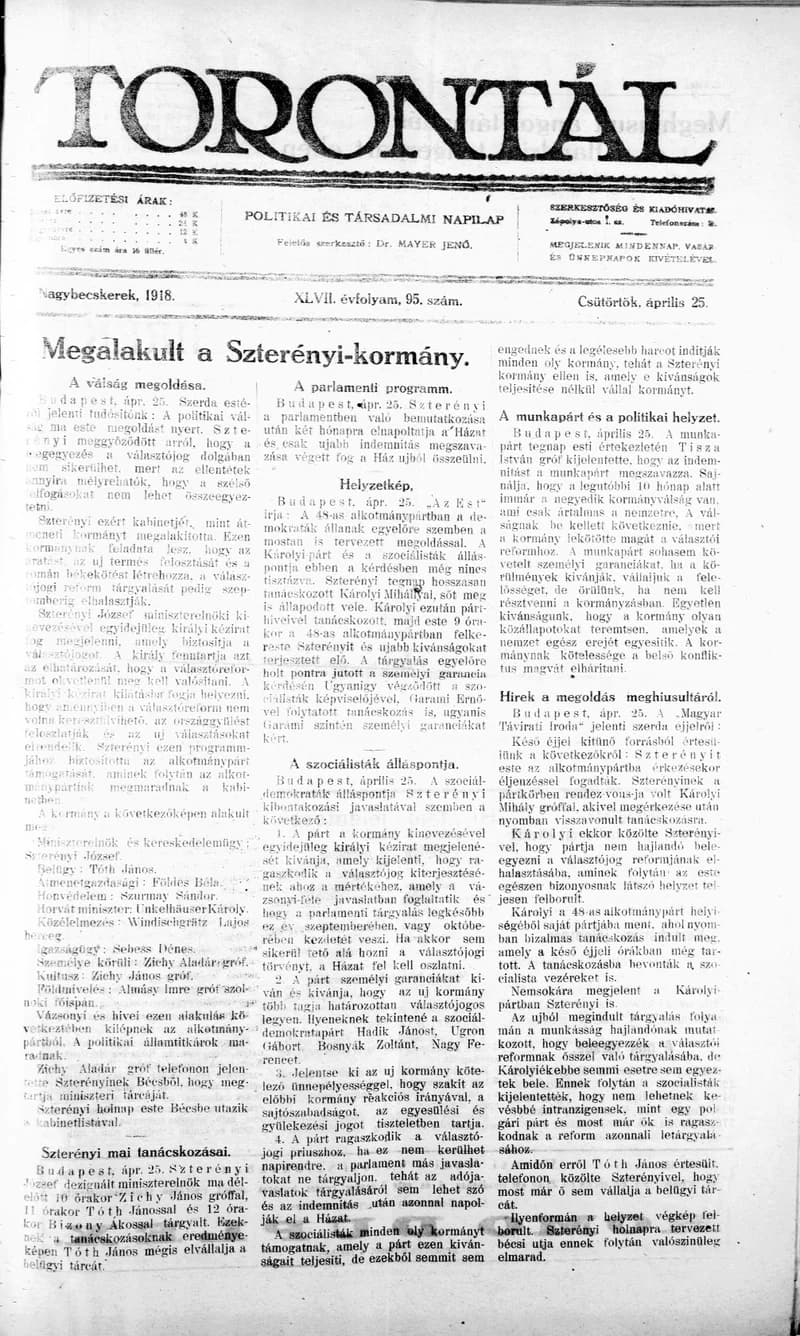 Torontál, 47. évf. 1918. április 25. 95. sz.