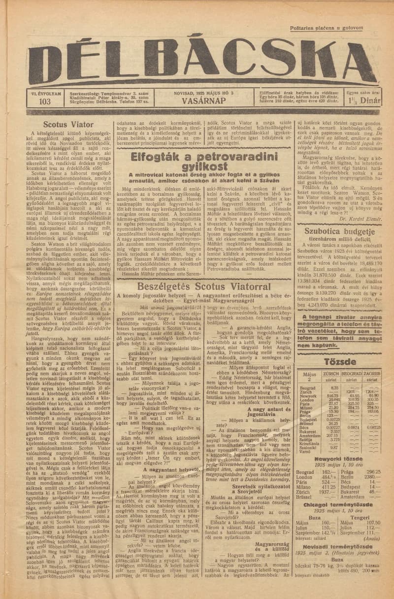 Délbácska, 6. évf. 1925. május 3. 103. sz.